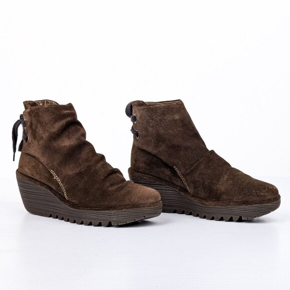 Fly London Wmn Yama Green Suede Back Lace-up Wedge Boots sz 10US EUR 40 - Picture 1 of 7